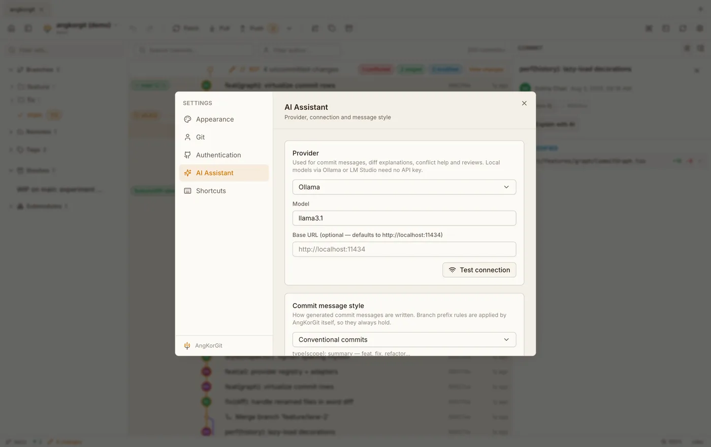 AngKorGit AI settings with provider configuration