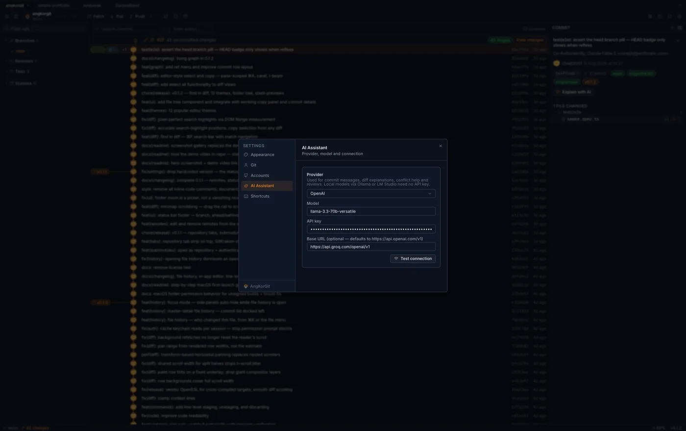 AngKorGit AI settings with provider configuration