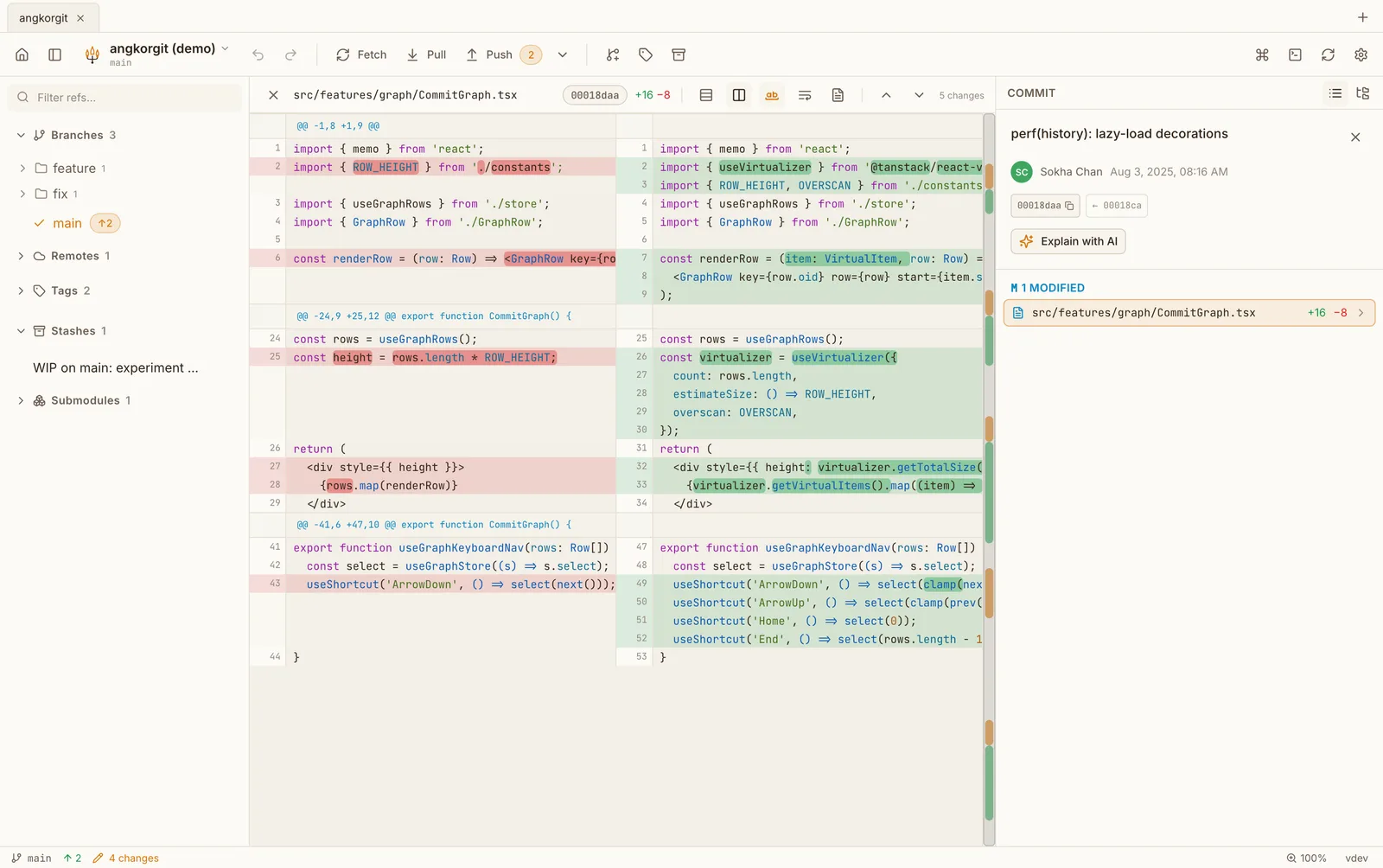 AngKorGit side-by-side diff with commit details