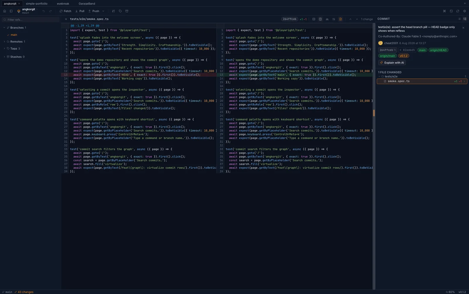 AngKorGit side-by-side diff with commit details