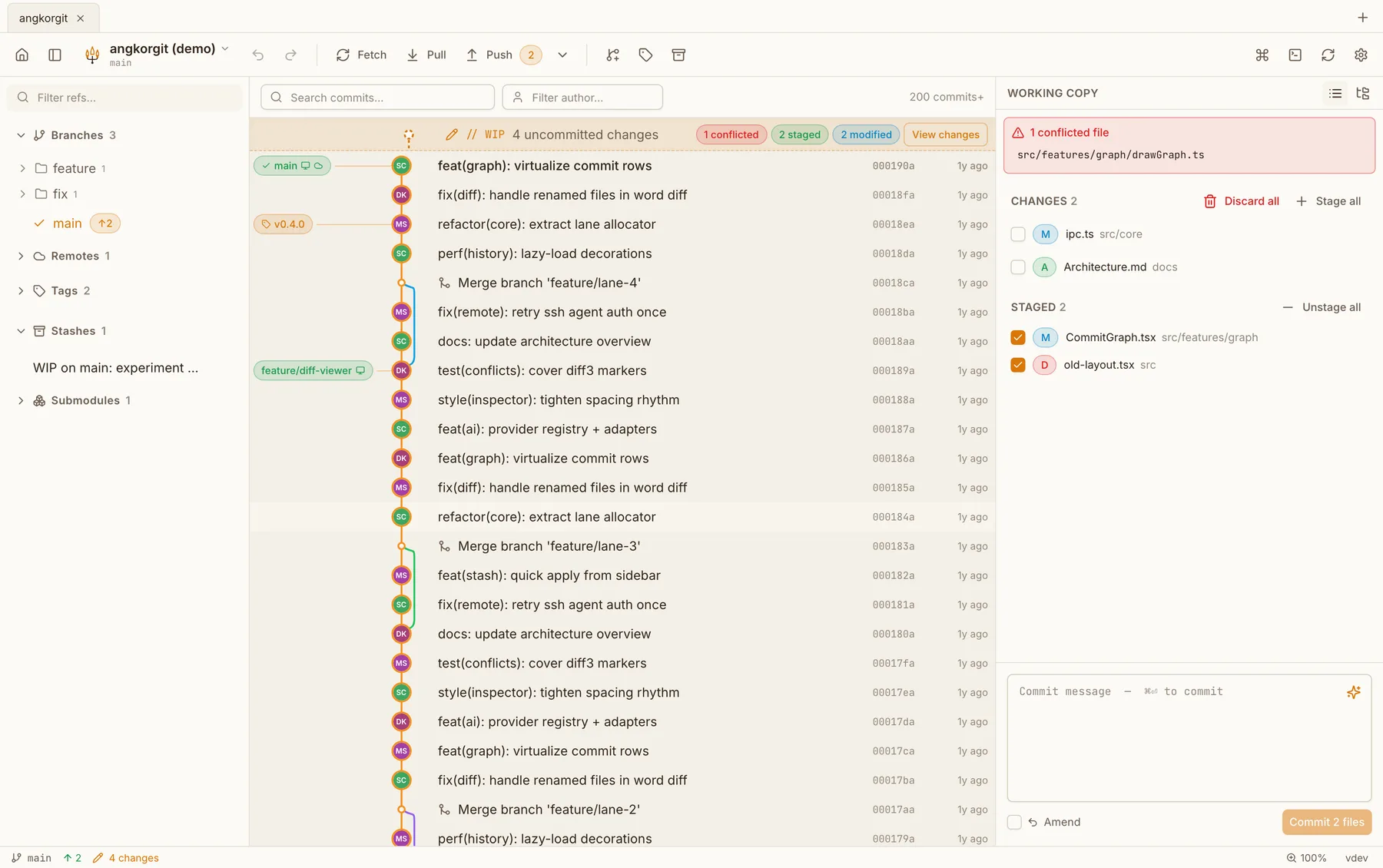 AngKorGit commit graph in the Angkor Dusk theme with branches and working copy