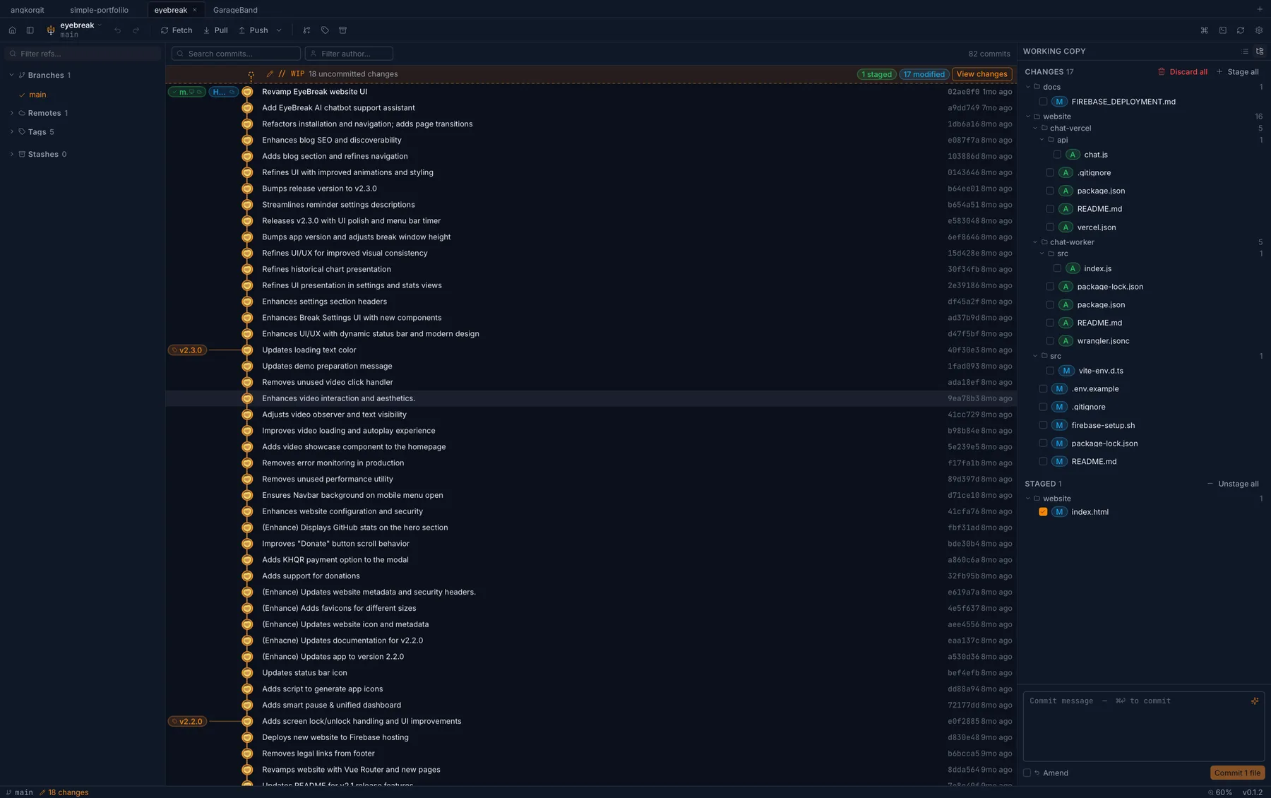 AngKorGit commit graph with repository tabs and the ⌘K command palette