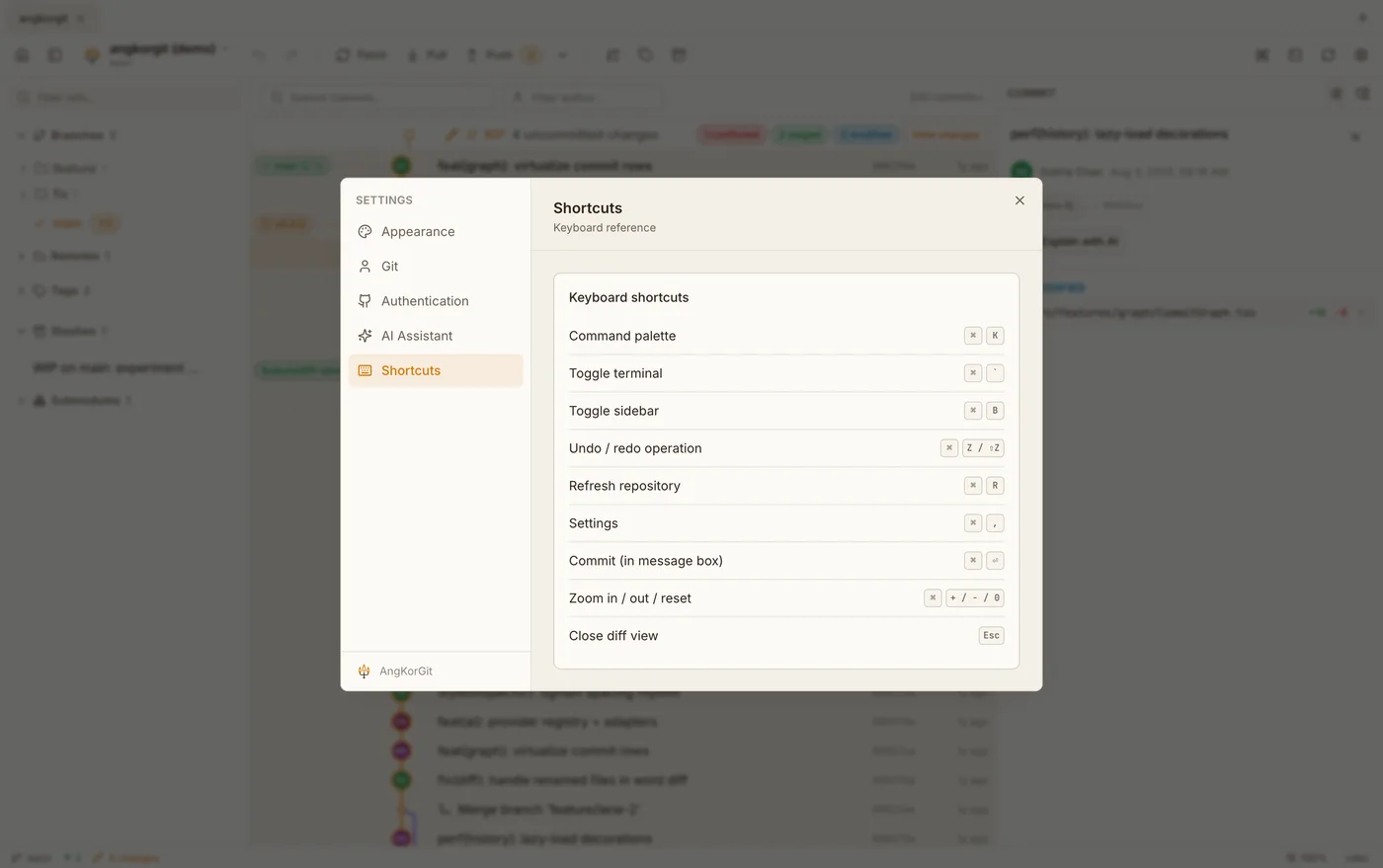 AngKorGit keyboard shortcuts overview