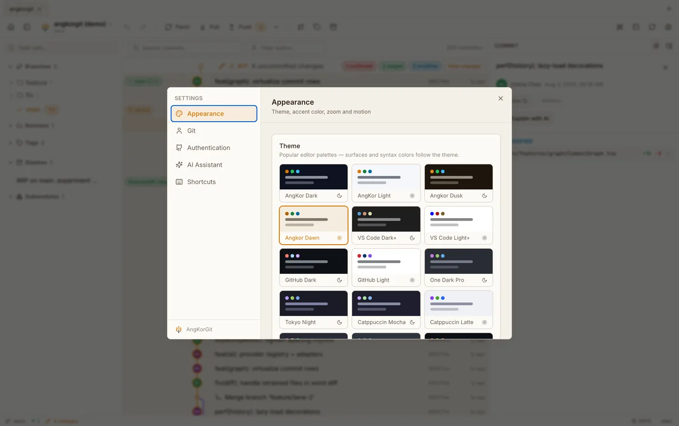 AngKorGit appearance settings with theme and accent colors