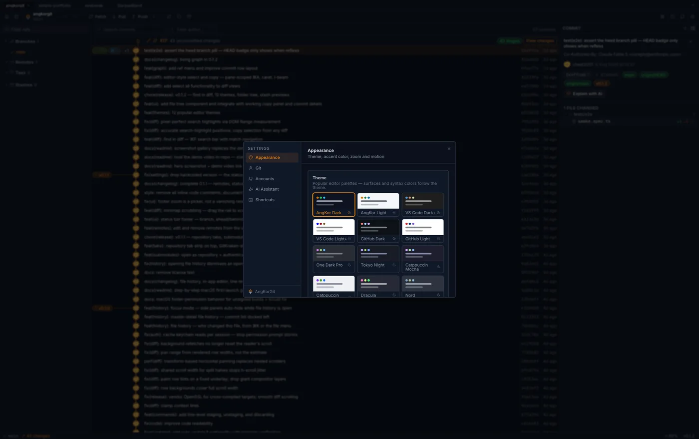 AngKorGit appearance settings with theme and accent colors