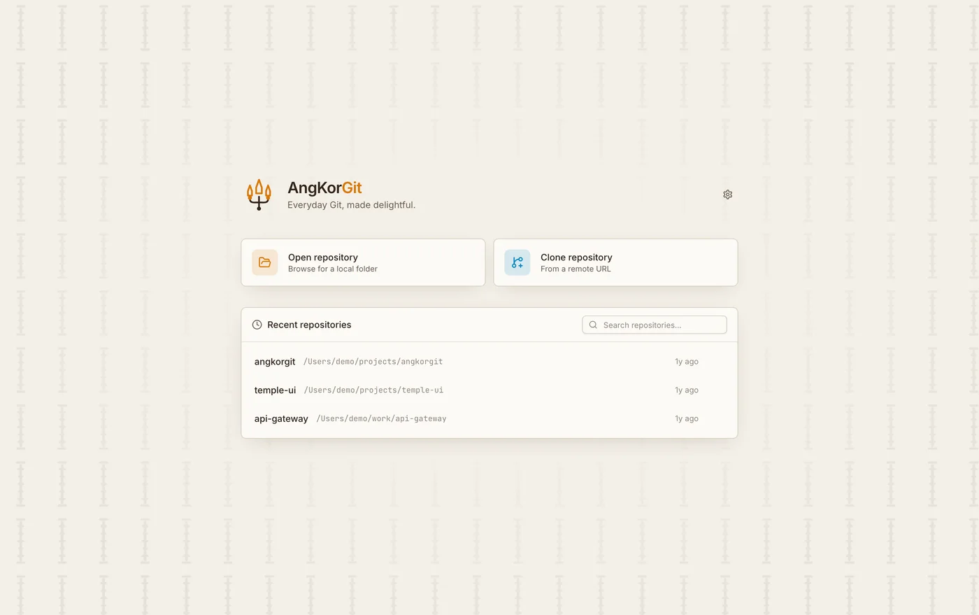 AngKorGit welcome screen with recent repositories
