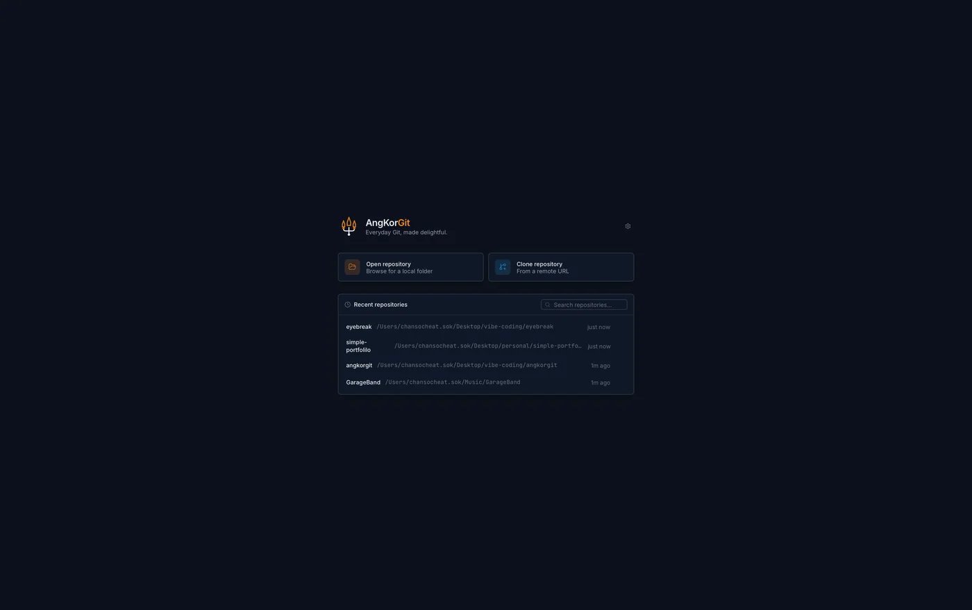 AngKorGit welcome screen with recent repositories